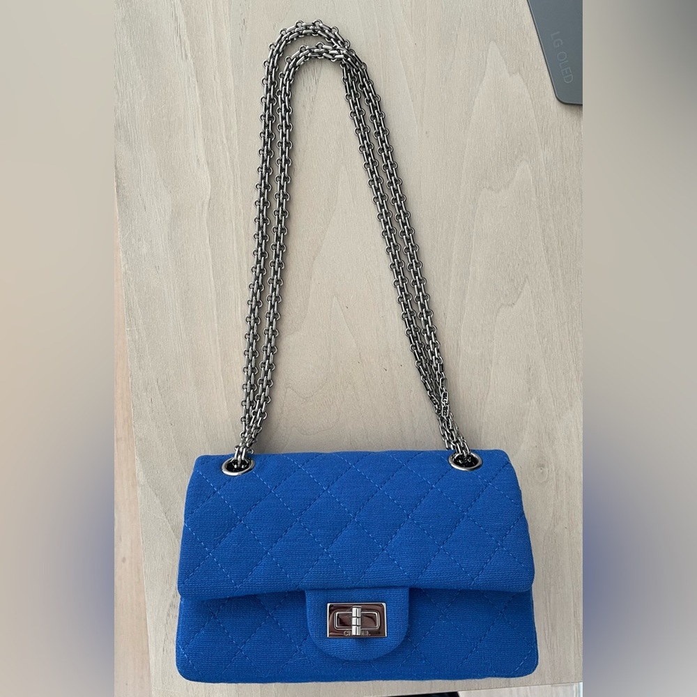 CHANEL 2.55 Mini Blue Quilted Cloth Shoulder Crossbody Bag